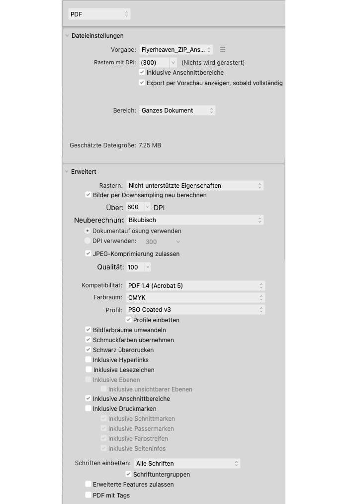 Vorgaben Affinity Puplisher Exporteinstellungen Fenster der Affinity Puplisher Exporteinstellungen